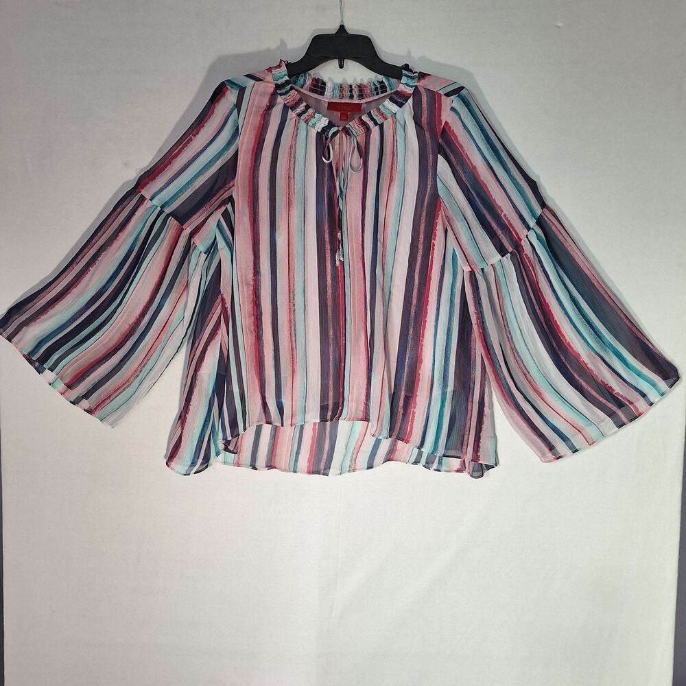 Jennifer Lopez Peasant Blouse M Bell Sleeve Pink Watercolor Stripes Art To Wear